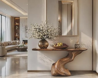 Mesa auxiliar de madera artesanal para sofá, consola abstracta con forma de tronco de árbol detrás del sofá, mesa auxiliar de una sola pata con borde natural, aparador de entrada orgánico de lujo