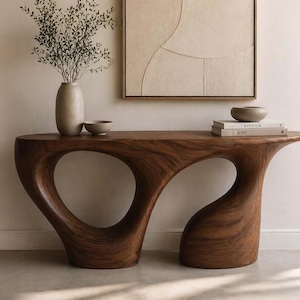 Handcrafted Asymmetrical Wood Console Table, Modern Fluid Foyer Credenza, Unique Abstract Hallway Table, Luxury Sculptural Sofa Display