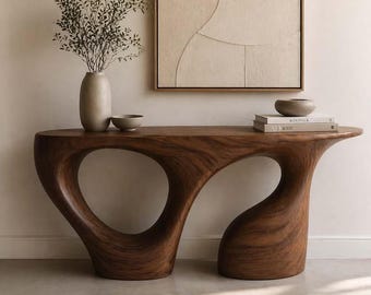 Handcrafted Asymmetrical Wood Console Table, Modern Fluid Foyer Credenza, Unique Abstract Hallway Table, Luxury Sculptural Sofa Display