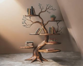 Handmade Tree Bookshelf, Solid Walnut Wooden Bookcase, Unique Live Edge Tree Shaped Shelves, Organic Design Rustic Floating Plant Display