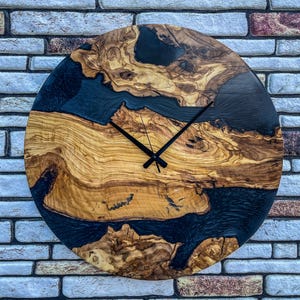 Handmade Black Epoxy Olive Wood Wall Clock: Modern Rustic Decor
