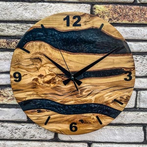 Handcrafted Olive Wood Clock with Black Epoxy: Unique Wall Art