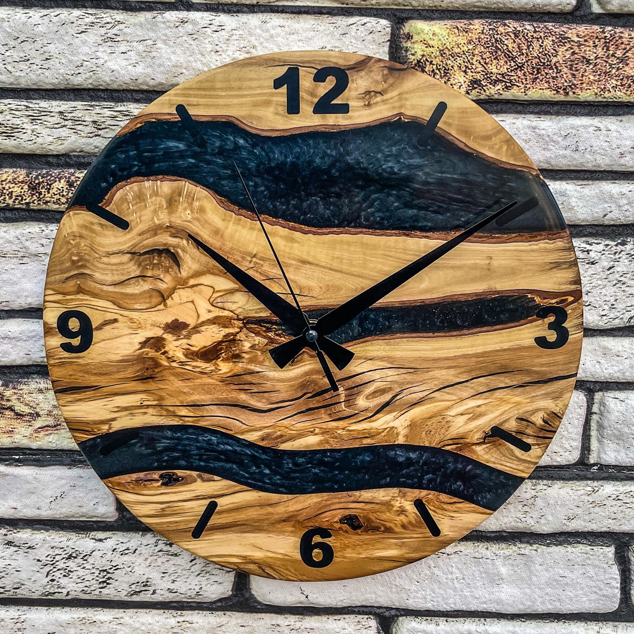 Luxury Olive Wood and Black Epoxy Clock, Handcrafted Olive Wood Wall Clock with Black Epoxy, Unique Wooden Wall Art Gift