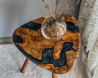 Handmade Olive Wood Coffee Table: Black Epoxy Resin, Modern Rustic Decor
