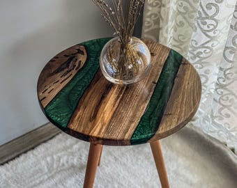 Handmade Live Edge Walnut and Green Epoxy Resin Side Table