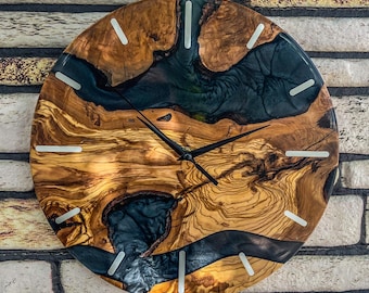 Black Epoxy Olive Wood Wall Clock, Modern Rustic Wall Decor, Handmade Wooden Clock, Unique Gift for Home, Office or Living Room