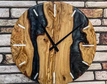 Handmade Black Epoxy & Olive Wood Wall Clock, Modern Rustic Resin Wall Art, Unique Home Decor, Large Silent Clock, Housewarming Gift