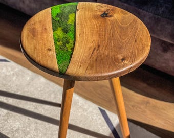 Handmade Walnut Coffee Table: Live Edge Wood with Preserved Moss Epoxy