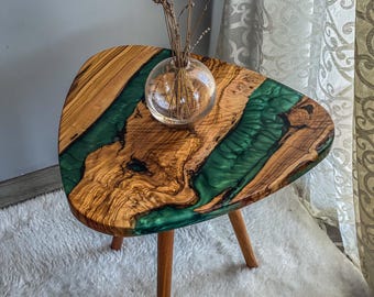 Live Edge Olive Wood & Green Epoxy Coffee Table: Handmade Resin River Design