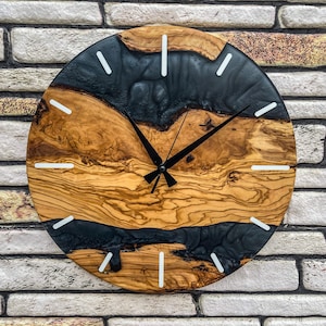 Black Epoxy Olive Wood Wall Clock: Handmade Rustic Decor