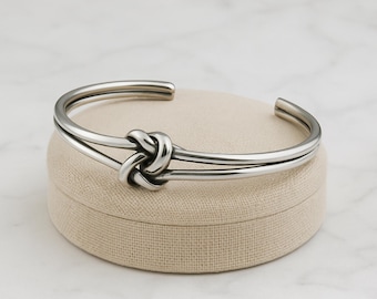 Silver Celtic Knot Open Cuff Bangle – Adjustable Stacking Bracelet for Women, Minimalist Jewelry, Holiday or Valentine’s Day Gift