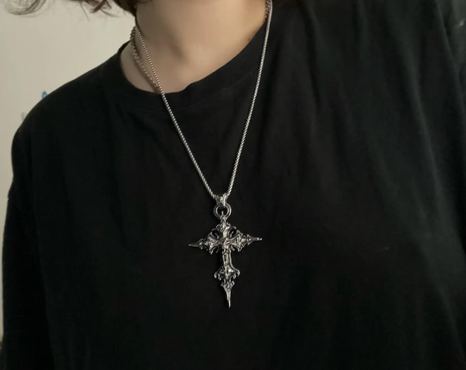 HZMAN Collana Uomo/Donna Con Ciondolo Croce E Ali D'Angelo – Acciaio Inox, Stile Gotico Punk, Amuleto Di Fede - 2