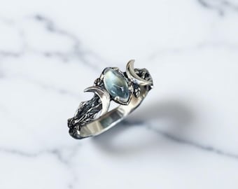Moonstone Ring, Silver Celestial Ring, Gothic Moon Ring, Boho & Witchy Jewelry, Crystal Ring, Witch ring for Her Triple Moon, Occult Gift