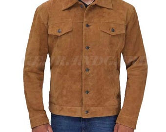 May include: A brown suede jacket with a button-up front and two flap pockets. The jacket has a classic denim style.