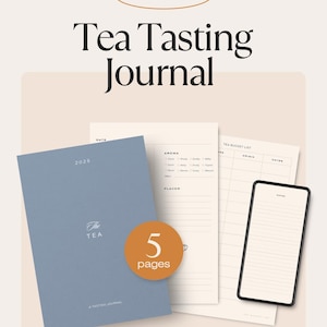 May include: A digital download of a tea tasting journal with a blue cover and the text "The Tea" and "A Tasting Journal". The journal has 5 pages and includes sections for date, aroma, flavor, tea bucket list, origin, and notes.