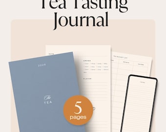 May include: A digital download of a tea tasting journal with a blue cover and the text "The Tea" and "A Tasting Journal". The journal has 5 pages and includes sections for date, aroma, flavour, tea bucket list, origin, and notes.