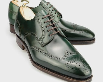 Handmade Green Leather Wingtip Brogues | Men's Dress Shoes | Wedding Gift for Husband
