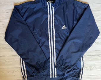 Vintage Adidas vindjacka blå träningsjacka med hel dragkedja, 90-tals Y2K-sportkläder, storlek S