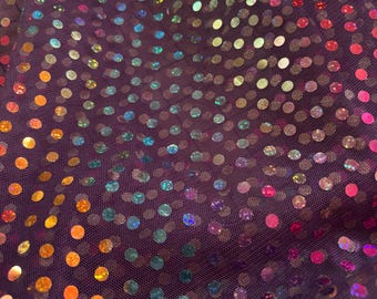 May include: Purple mesh fabric with iridescent sequins in a polka dot pattern.