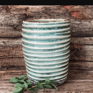 Handmade ceramic pot/Ribbed stoneware planter/Crackle glaze/Minimal modern/Boho home decor