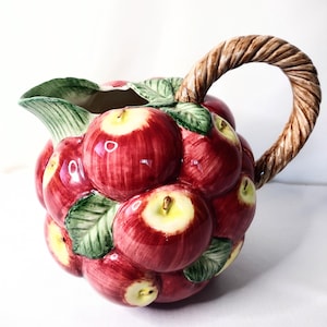 Vintage appelciderkan, keramiek met appelmotief, rood, groen en wit