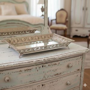 Vintage mirrored vanity tray/Ornate silver frame/ Hollywood Regency/Rectangular