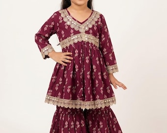 Girls Cotton Kurta Sharara Set, Indian Ethnic wear for girls, Diwali outfit, Kids Kurti set