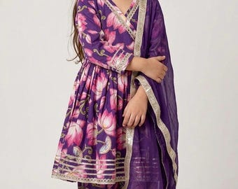 Girls Angrakha Salwar Kameez Set with Dupatta, Kids Indian Ethnic Wear, Diwali Eid Wedding Dress