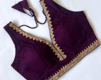 Readymade Silk Saree Blouse, V-Neck Indian Top, Padded, Back Hook Closure