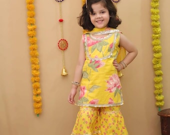 Girls Kurti Sharara Set: Cotton Indian Dress with Dupatta