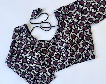 Cotton Saree Blouse, Ajrakh Print Indian Top, Boho Blouse