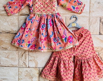Kids Kurti Sharara Set: Floral Print Indian Dress, Eid Outfit, Diwali Ethnic Wear