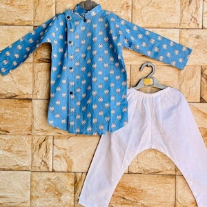 Boys Kurta Pyjama Set Cotton Indian Ethnic Wear Lotus Print Kurta Pant Traditional Festival Outfit for Kids