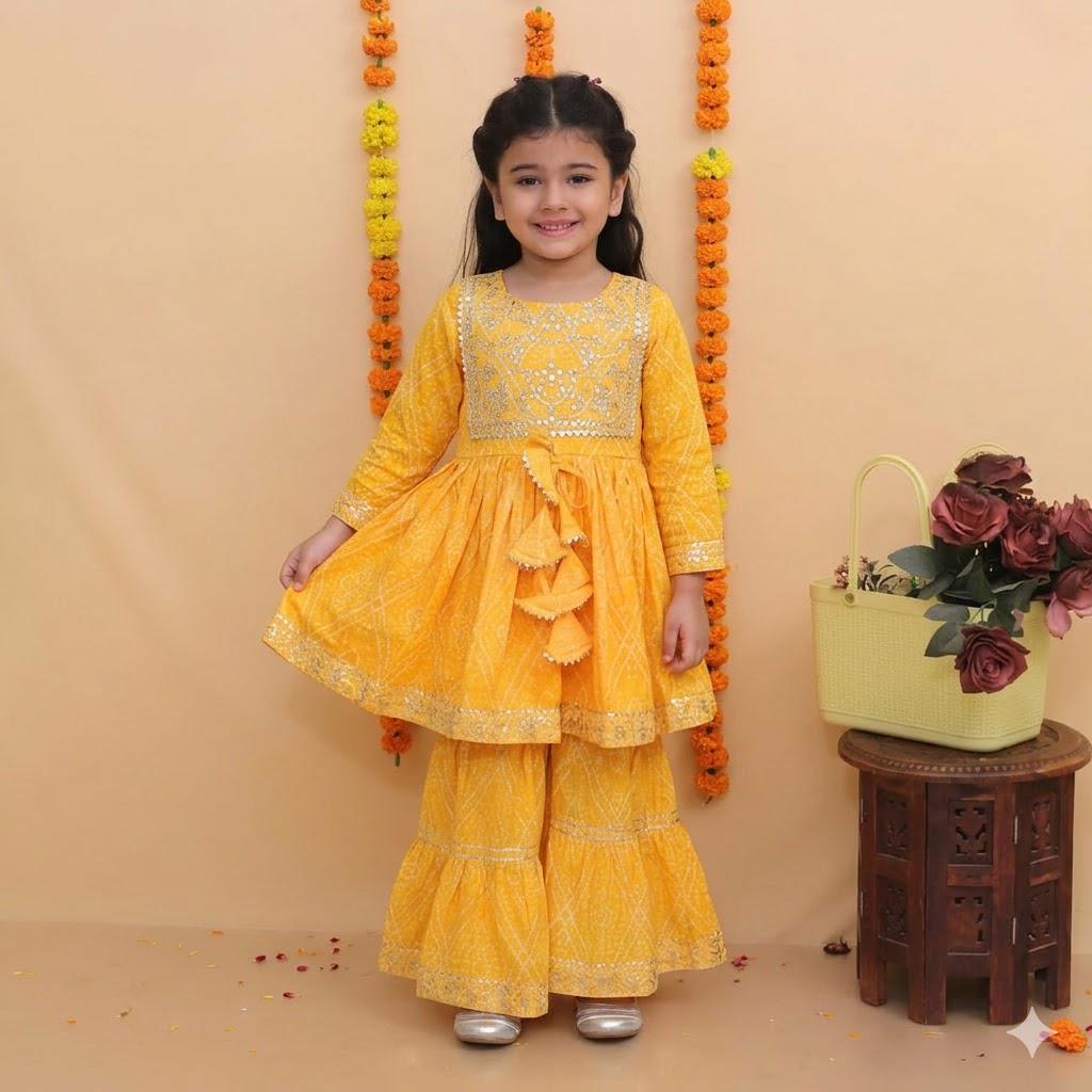 Girls Bandhani Print Sharara Kurti, Embroidered Kids Ethnic Dress for Diwali, Eid