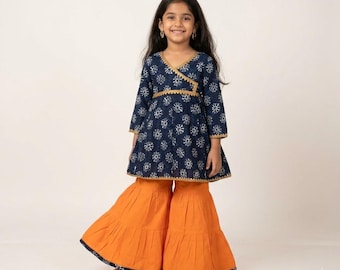 Girls Sharara Suit - Cotton Angrakha Kurti, Ethnic Kids Outfit Eid Dress for Toddlers