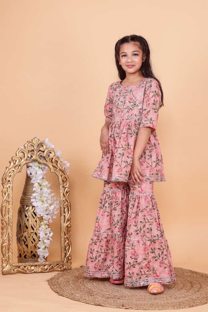 Girls' Floral Cotton Sharara Suit, Indian Pakistani Dress for Eid, Diwali