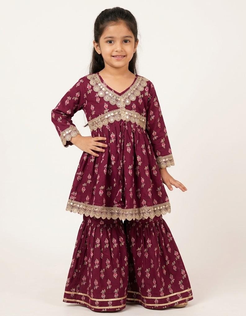 Girls Cotton Kurta Sharara Set, Indian Ethnic wear for girls, Diwali outfit, Kids Kurti set