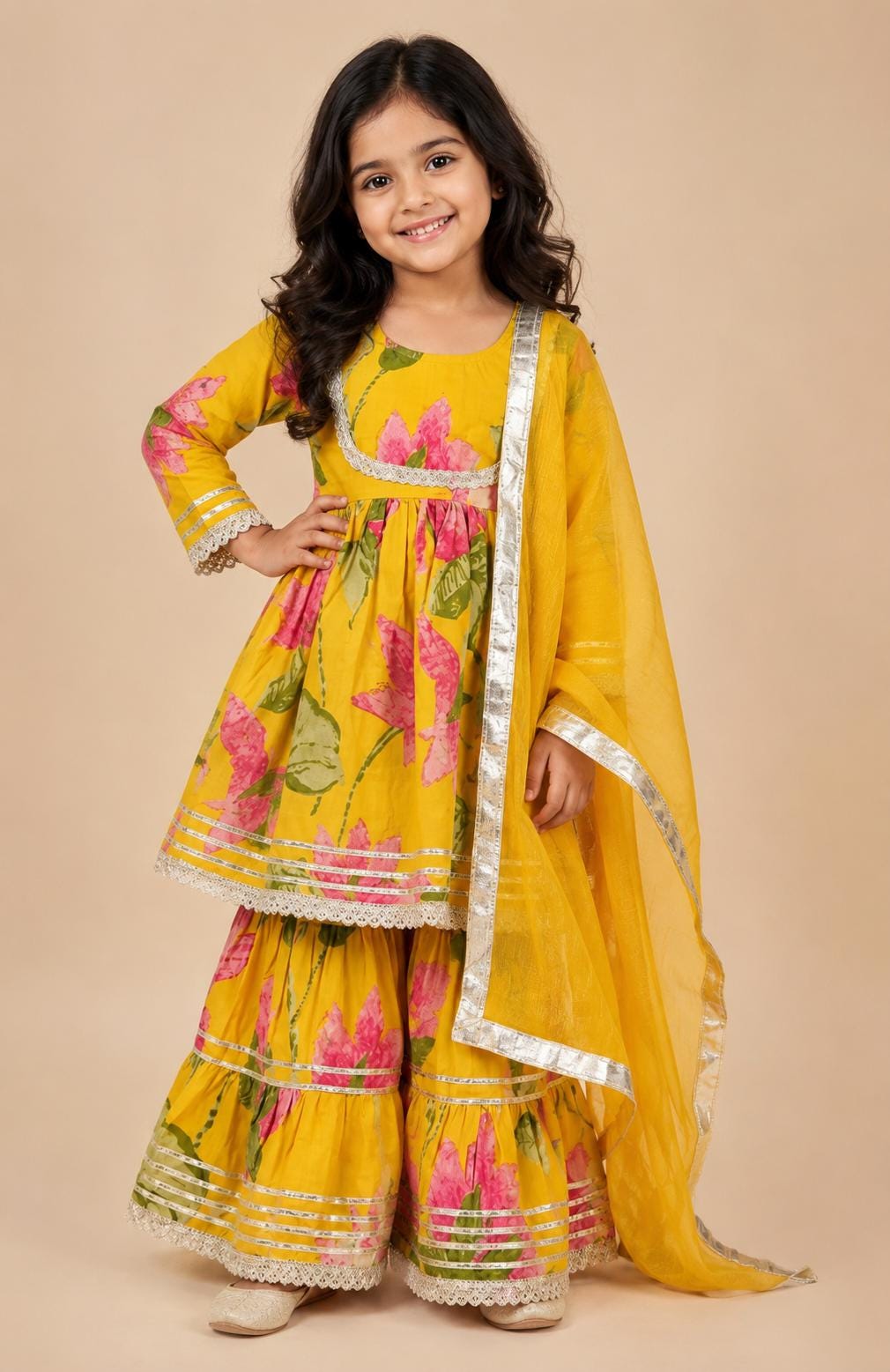 Girls Yellow Floral Cotton Kurti Sharara Set, Festive Indian Ethnic Outfit