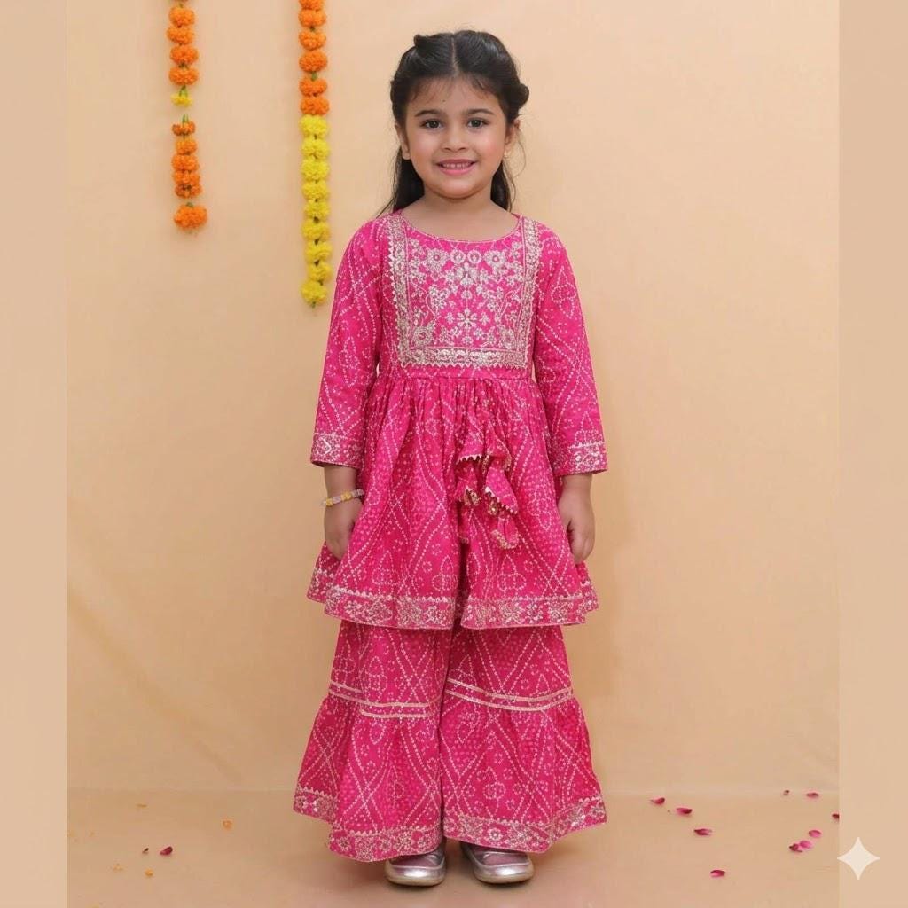 Girls Bandhani Print Sharara Kurti, Embroidered Kids Ethnic Dress