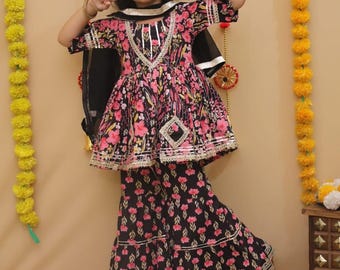 Girls' Black Floral Kurti Sharara, Diwali, Eid, Wedding Outfit, Indian Ethnic Wear Girls