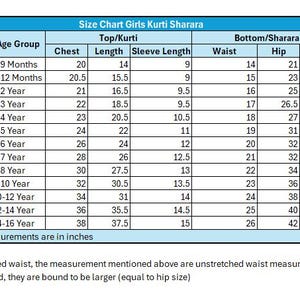 May include: A size chart table for girls' Kurti Sharara outfits with a blue header. The table lists sizes 14 through 38, age groups from 6 months to 16 years, and measurements in inches for chest, length, sleeve length, waist, hip, and length.