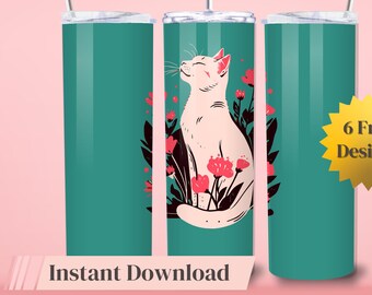 Gato fofo flores de primavera 20 oz copo fino sublimação design download digital animal PNG instantâneo SOMENTE DIGITAL,