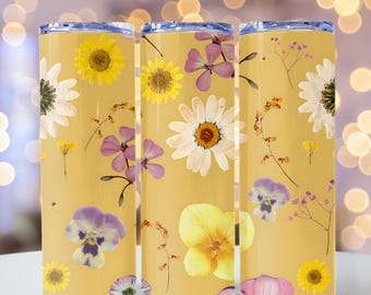 WildFlower Tumbler Wrap PNG Lindos designs de copo 20oz Skinny Pressed Flower Tumbler Template Primavera Seamless Instant Download Comercial