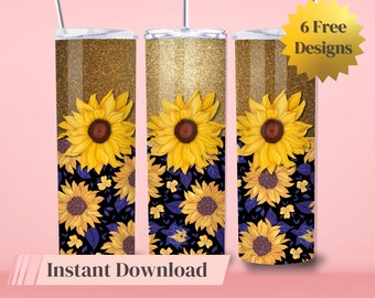 Glitter Sunflowers Tumbler Wrap Seamless SublimationTumbler Flower Design Download instantâneo Uso comercial