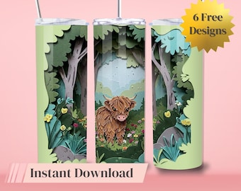 Highland Cow Tumbler 3D Cracked Wall TumblerWrap Seamless Sublimation Pretty Cute Calf Tumbler Design Download instantâneo Uso comercial