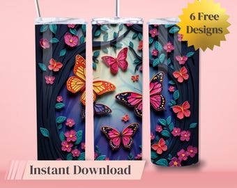 Borboleta 3D Seamless Purple Skinny Sublimação PNG Parede Rachada Envoltório Copo Design Linda Borboleta Download Instantâneo Uso Comercial
