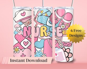 Enfermeira 20 Oz Skinny Tumbler Wrap Seamless Sublimação Tumbler Pastel Flower Retro Cute RN Presente Download instantâneo Uso comercial