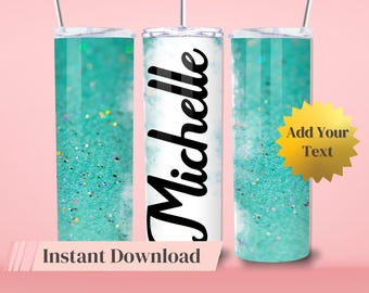 Glitter Tumbler Wrap Personalizar Nome Personalizado Modelo Sublimação PNG Design Turquesa Presente Personalizado Download Instantâneo Uso Comercial