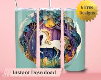 Copo Unicórnio 3D Parede Rachada TumblerWrap Sublimação Sem Costura Design de Copo Feminino Magro Download Instantâneo Uso Comercial