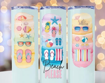 Pincelada fofa Summer Vibes Beach Please aquarela 20 oz Skinny Tumbler Sublimação Design Download digital PNG instantâneo SOMENTE DIGITAL